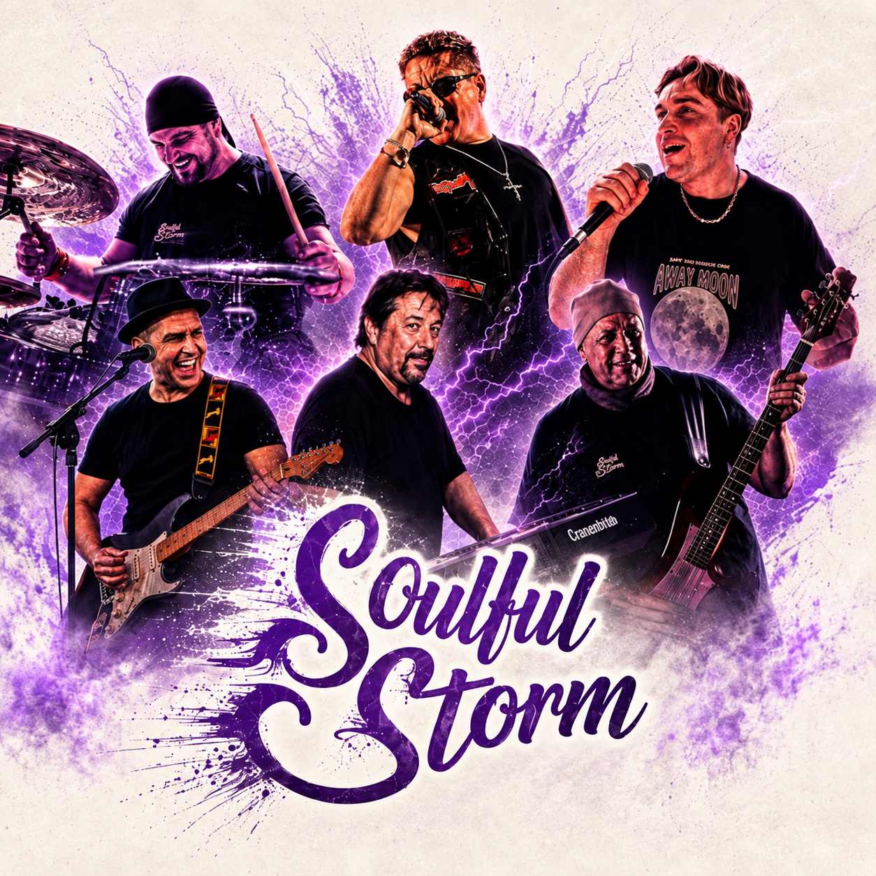 Soulful Storm – sechs Musiker mit violettem Bandlogo
