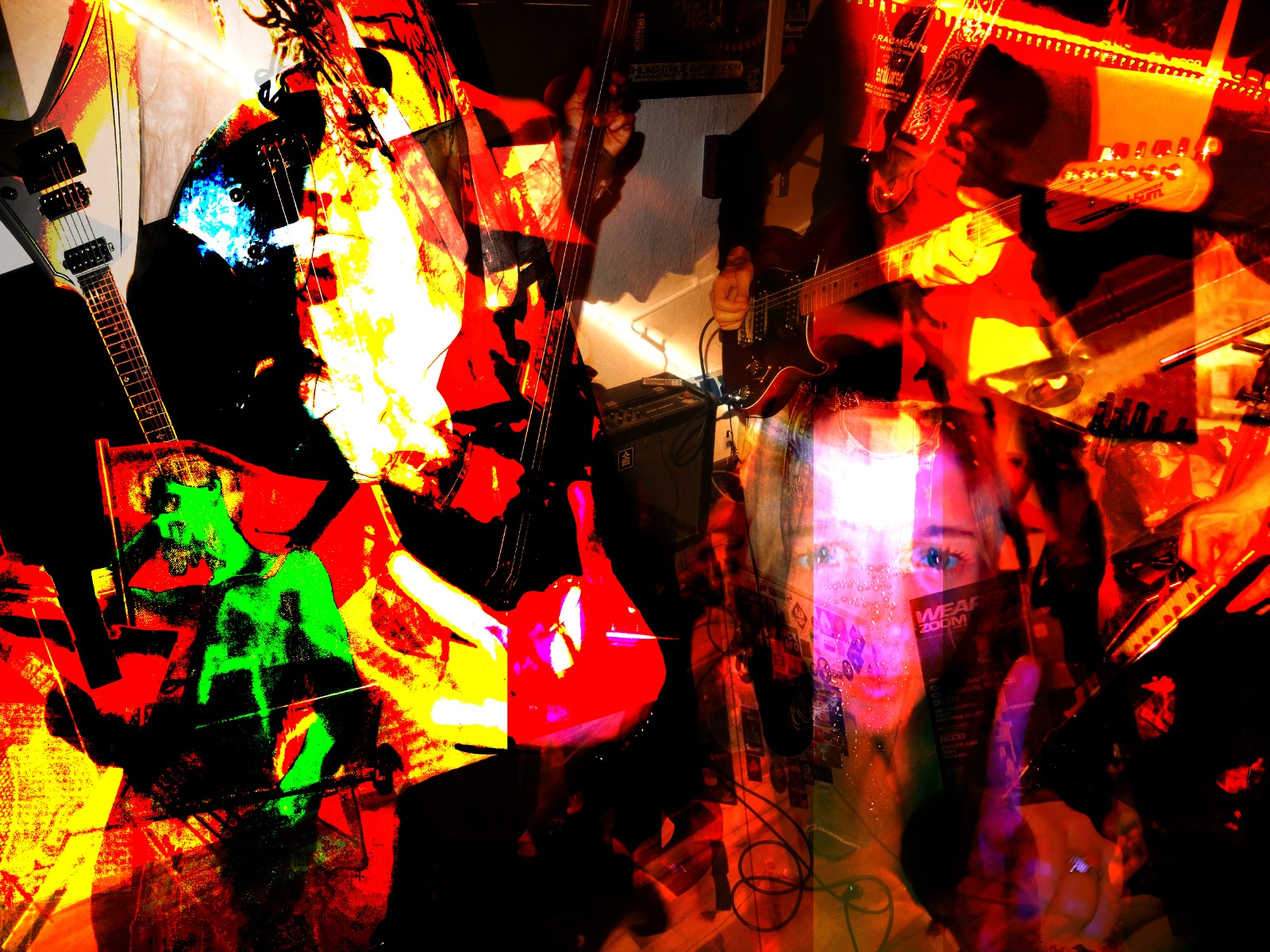 Talisman Echo – Collage mit Gitarren, Bass und Schlagzeug im Proberaum