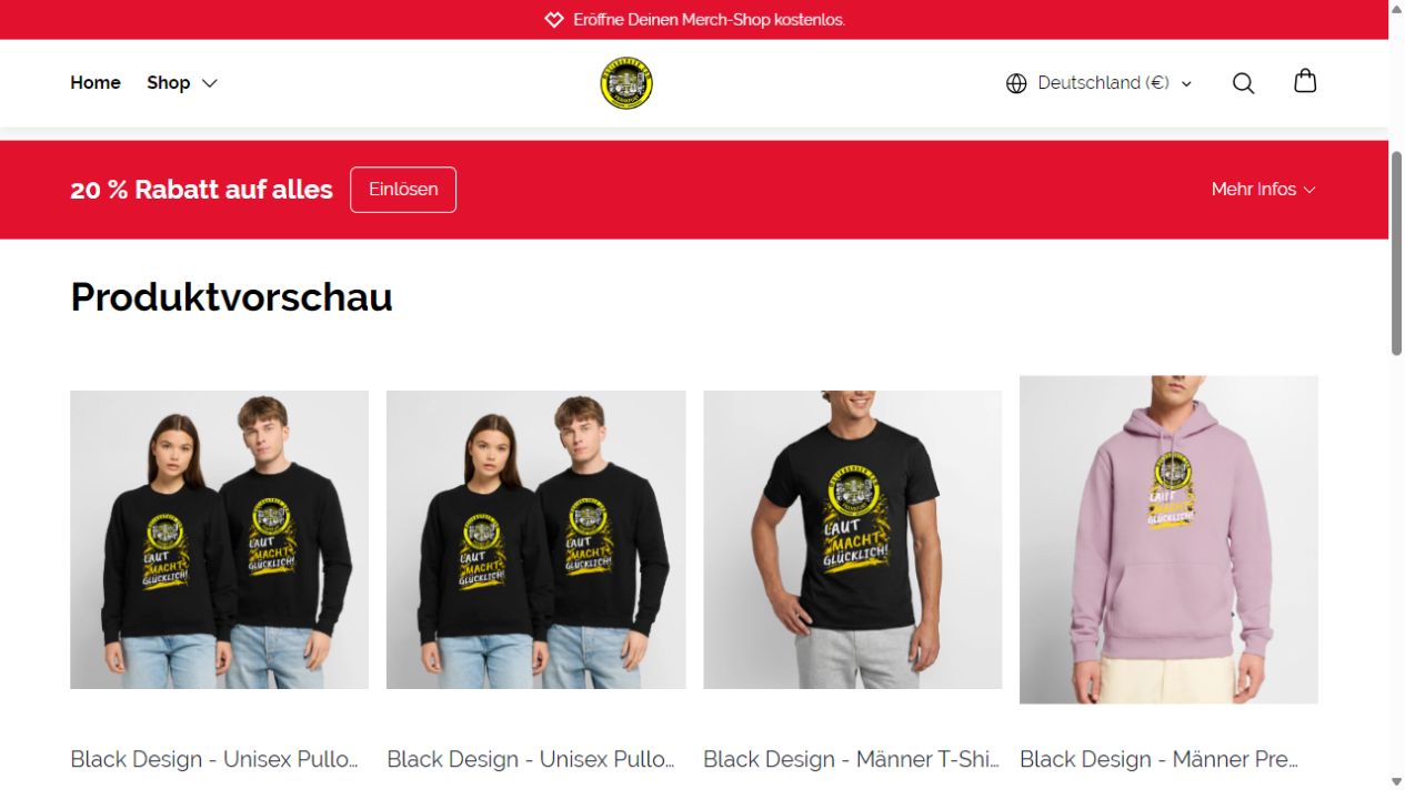 Produktvorschau aus unserem Merch-Shop mit Pullovern, T-Shirt und Hoodie im Musikbunker-Design